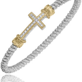 Cross-Themed Moiré Beaded Diamond Bangle in Gold & Silver