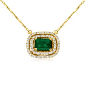 Yellow Gold Diamond and Emerald Double Halo Necklace