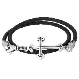 Thin Braided Leather Traditional Cross Double Wrap Bracelet