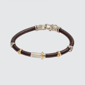 Misani Grand Tour Black Leather Bracelet with Center Silver Bar and 18K Gold Accents