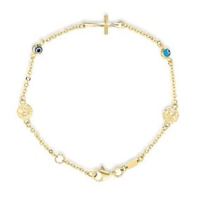 Yellow Gold Evil Eye Angel and Cross Bracelet
