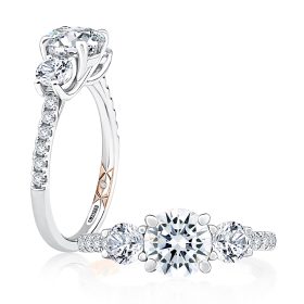 Three Stone Trellis Diamond Engagement Ring with Pave Diamond Band