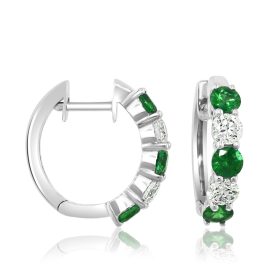 Emerald and Diamond Hoop Earrings in White Gold