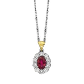 Two Tone Gold Ruby and Diamond Halo Necklace
