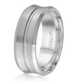 White Gold Satin & Polished Wedding Band with Vertical Grooves