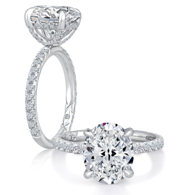 Classic Four Prong Oval Diamond Engagement Ring with Pavé Band and Quilts® Interior