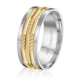 Two-Tone White & Yellow Gold Carved Wedding Band